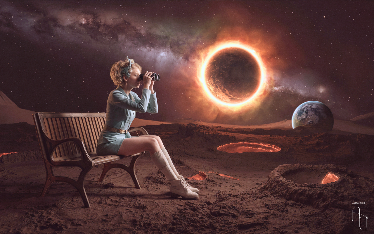 Donna che osserva l'eclissi dallo spazio – Astrologia 29 marzo 2025