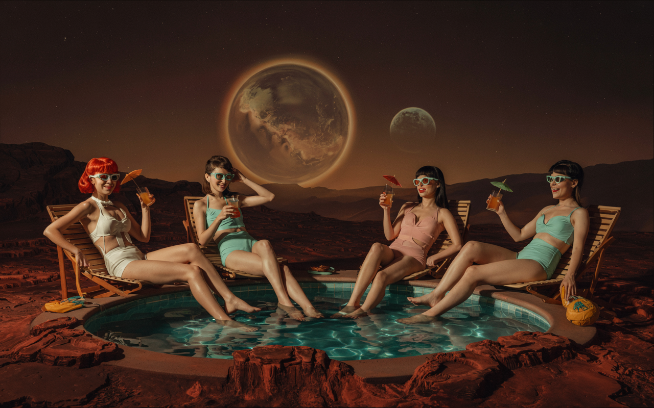 Donne vintage rilassate durante un’eclissi solare su Marte, con cocktail e pianeti sullo sfondo – immagine concettuale per rappresentare in chiave ironica e astrologica l’eclissi del 29 marzo 2025